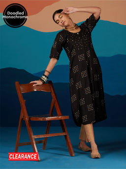 Likha - Black Monochrome Dot Printed Straight Kurta LIKKUR153