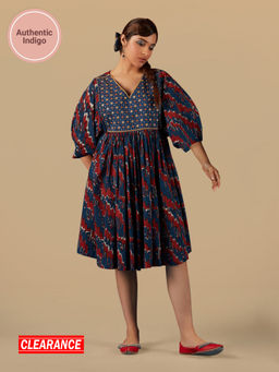 Likha - Blue Indigo Saga Pure Cotton Authentic Hand Block Print & Mirror work Fit & Flared Dress
