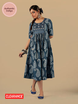 Likha - Blue Indigo Saga Pure Cotton Authentic Hand Block Print & Mirror work Fit & Flared Dress