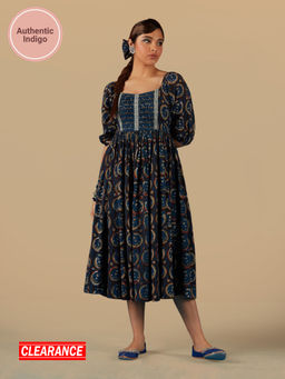 Likha - Blue Indigo Saga Pure Cotton Authentic Hand Block Print & Mirror work Fit & Flared Dress