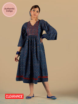 Likha - Blue Indigo Saga Pure Cotton Authentic Hand Block Print & Mirror work Fit & Flared Dress
