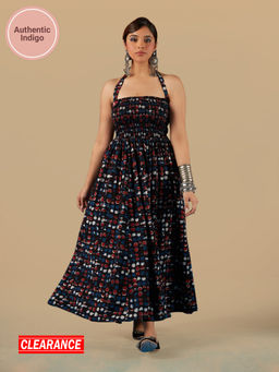 Likha - Blue Indigo Saga Pure Cotton Authentic Hand Block Print Halter Neck Smocked & Flared Dress