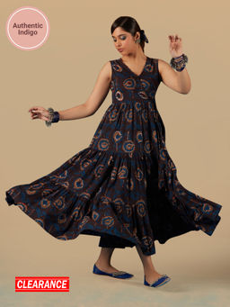Likha - Blue Indigo Saga Pure Cotton Authentic Hand Block Print Tiered Panel Sleeveless Dress