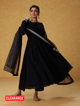 Likha - Black Monochrome Mirror Work Anarkali Set & Organza Dupatta LIKSKD199 (Set of 3)