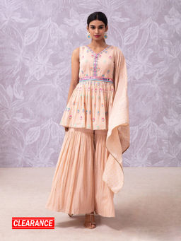Likha - Peach Hand Mirror Work Anarkali Kurta, Sharara, Dupatta & belt LIKSKD110 (Set of 4)