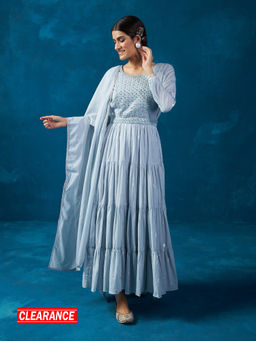 Likha - Blue Hand Mirror Work Tiered Maxi Dress, Dupatta With Belt LIKSKD117 (Set of 3)