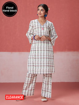 Likha - White Blossom Hand Block Printed Kurta with Pant LIKSKD229 (Set of 2)