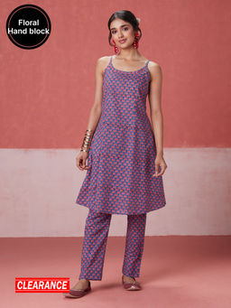 Likha - Blue Blossom Hand Block Printed Strappy Kurta with Pant LIKSKD231 (Set of 2)