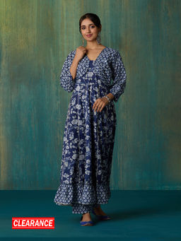 Likha - Navy Blue Jaipuri Printed Anarkali Kurta Jacket and Pant LIKSKD255 (Set of 3)