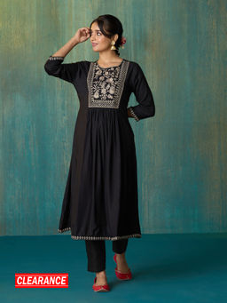 Likha - Black Rayon Slub Dori Embroiderd Kurta LIKKUR197