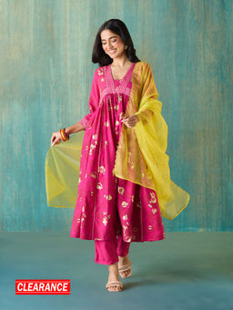 Likha - Pink Rangbahar Printed Gota Work Kurta Pant Dupatta LIKSKD284 (Set of 3)