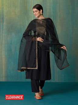 Likha - Black Ethnic Bloom Embroidered Kurta Pant & Organza Dupatta LIKSKD291 (Set of 3)