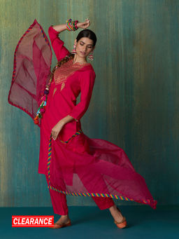 Likha - Pink Ethnic Bloom Embroidered Kurta Pant & Organza Dupatta LIKSKD291 (Set of 3)
