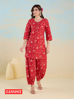 Likha - Red Ethnic Bloom Floral Printed Kurta with Pant LIKSKD292 (Set of 2)