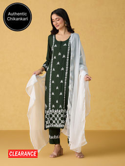 Likha - Green Lucknowi Chikankari Kurta Pant & Dupatta (Set of 3) LIKSKD297