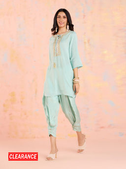 Likha - Mint Green Garden Groove Shantoon Embroidered Kurta & Dhoti LIKSKD302 (Set of 2)