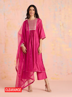 Likha - Pink Garden Groove Chanderi Embroidered Kurta Pant & Dupatta LIKSKD303 (Set of 3)