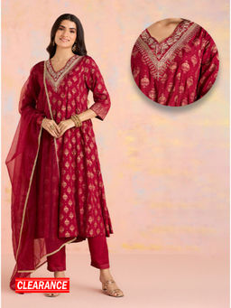 Likha - Maroon Diwa Dazzle Shantoon Gold Printed Kurta Pant & Dupatta LIKSKD307 (Set of 3)