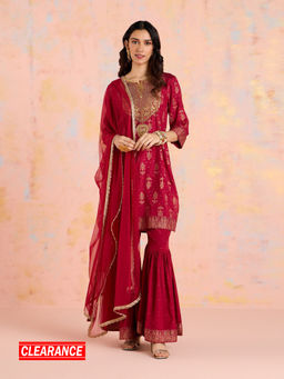 Likha - Maroon Diwa Dazzle Shantoon Gold Printed Kurta Sharara & Dupatta LIKSKD309 (Set of 3)