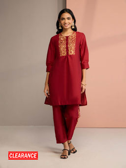 Likha - Maroon Diwa Dazzle Embroidered Kurta with Pant (Set of 2) LIKSKD310
