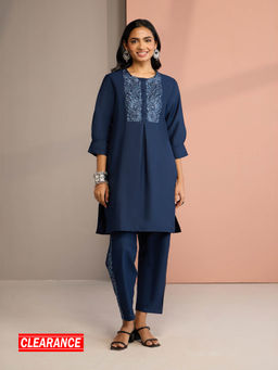 Likha - Navy Blue Diwa Dazzle Embroidered Kurta with Pant (Set of 2) LIKSKD310