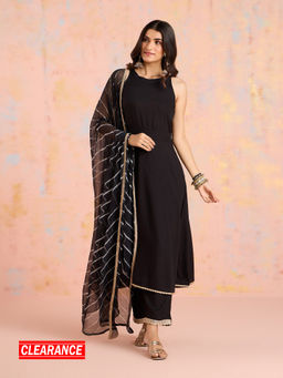 Likha - Black Bandhani Gota Patti Work Flare Kurta Pant & Lehariya Dupatta LIKSKD295 (Set of 3)