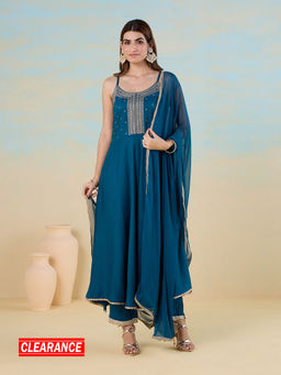 Likha - Teal Blue Bandhani flare Kurta, Pant & Dupatta