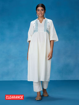 Likha - White and Blue Chintz Floral Flared Solid Co-ord Set LIKSKD320 (Set of 2)