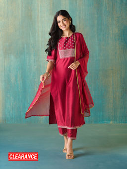 Likha - Maroon Diwa Dazzle Art Silk Embroidered Kurta, Pant & Dupatta LIKSKD316 (Set of 3)