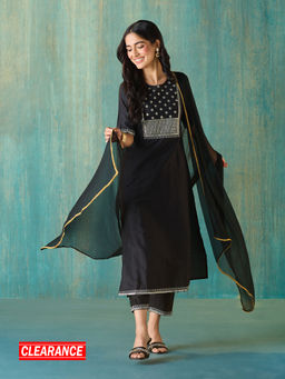 Likha - Black Diwa Dazzle Art Silk Embroidered Kurta, Pant & Dupatta LIKSKD316 (Set of 3)