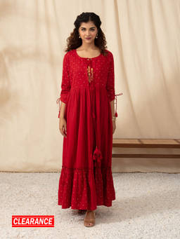 Likha - Red Embroidered Dress with Shrug LIKDRS12 (Set of 2)