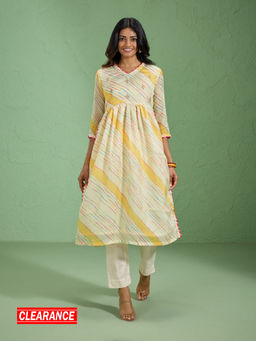 Likha - Yellow Karigar Korner Kota Doria Lehariya Embroidered Nyra Cut Kurta LIKKKBAN05
