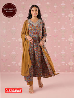Likha - Mustard Karigar Korner Bagru Printed Anarkali Pant and Dupatta LIKKKSKD06 (Set of 3)