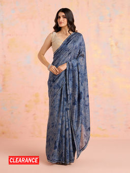 Likha - Blue Silk Embellished Printed Saree with Unstitched Blouse (Free Size)