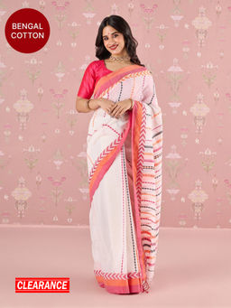 Likha - Off White Karigar Korner Handcrafted Cotton Pujo Saree with Unstitched Blouse LIKKKSAR01