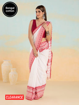 Likha - White Karigar Korner Cotton Pujo Saree with Unstitched Blouse LIKKKSAR03