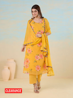 Likha - Yellow Ethnic Bloom Floral Printed Kurta Pant and Dupatta LIKSKD289 (Set of 3)