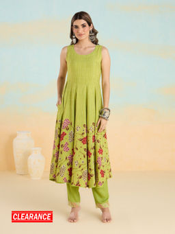 Likha - Green Painterly Floral Rayon Flex Printed Anarkali Kurta & Pant LIKPFKS02 (Set of 2)