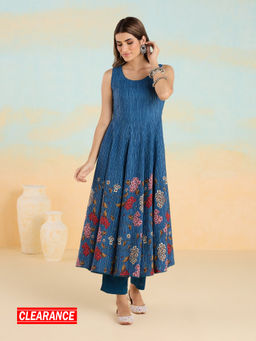 Likha - Blue Painterly Floral Rayon Flex Printed Anarkali Kurta & Pant LIKPFKS02 (Set of 2)