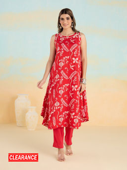 Likha - Red Painterly Floral Rayon Flex Printed Kurta with Pant LIKPFKS04 (Set of 2)