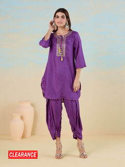 Likha - Purple Garden Groove Shantoon Embroidered Kurta and Dhoti LIKSKD302 (Set of 2)