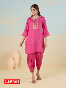 Likha - Fuchsia Pink Garden Groove Shantoon Embroidered Kurta and Dhoti LIKSKD302 (Set of 2)