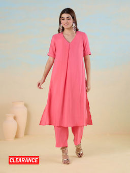 Likha - Coral Smooth Art Silk Straight Kurta with Zari Runnig Stitch Detail & Pant LIKGGKS30