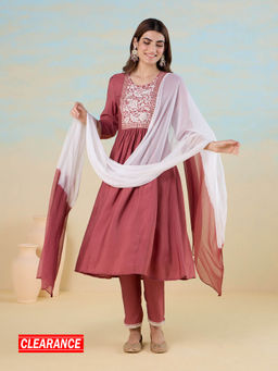 Likha - Onion Pink Smooth Art Silk Fit & Flare Emboidered Kurta with Pant & Ombre Dupatta LIKGGSKD010