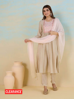 Likha - Beige Pink Smooth Art Silk Fit & Flare Emboidered Kurta with Pant & Ombre Dupatta LIKGGSKD010