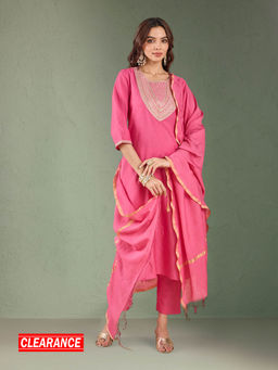 Likha - Pink Art Silk Dori Embroidered Yoke Straight Kurta with Solid Pant and Dupatta LIKSKD308