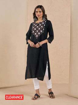 Likha - Solid Black Straight Embroidered Yoke Kurta LIKEPKU10