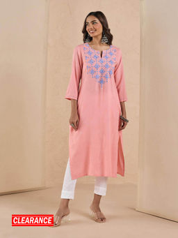Likha - Solid Pink Straight Embroidered Yoke Kurta LIKEPKU10