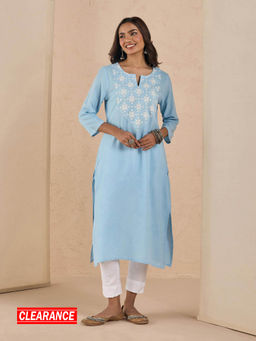 Likha - Solid Blue Straight Embroidered Yoke Kurta LIKEPKU10