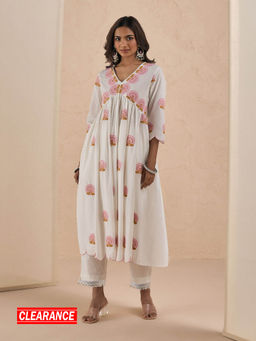 Likha - Monday Blooms White Alia Cut Kurta all Over Embroidered Buta Pant LIKMBSKD05 (Set of 2)